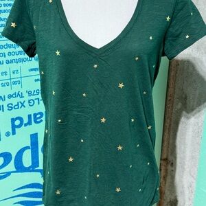 Pink Brand Green Star Print V-Neck Women's Top